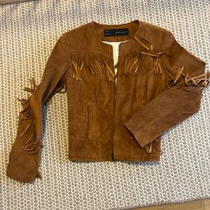 Zara Tan Leather Fringe Jacket